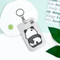 Cute panda cartoon card holder with sliding relief design, durable plastic badge protector case. - Scratching Panda And Round Ring Clasp