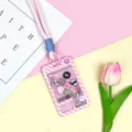 Pink game machine style cute animal shaker card holder with lanyard for students. - Pink Long Braided Rope / Pink Grid Console