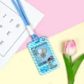Creative claw machine card holder with cute animals and lanyard, ID badge case sleeve. - Blue Long Braided Rope / Blue Grid Console