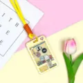 Creative cartoon animal shaking card holder student ID protective cover with lanyard. - Yellow Long Braided Rope / Yellow Grid Console
