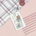 Cute cartoon bear card holder with keychain, white student bus card protector ID badge. - Guitar Cat / White Heart Keychain / White