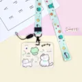 Cute cartoon cat card holder with matching lanyard, perfect student badge and ID card case. - Beige Snack Frog Pattern / Heart-Holding Frog Long Lanyard