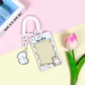 Cute transparent cartoon card holder with spring wristband and animal pendant for students. - Bread Dog (Blue Frame) / Spring Rope + Turning Head Dog Charm