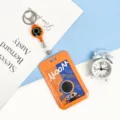 Cute astronaut student cartoon badge holder with retractable reel and orange ABS cover. - Orange Blue Astronaut Style (With Badge Reel)