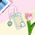 Cute cartoon transparent card holder with lanyard and frog pendant, green student ID badge case. - Frog & Cat (Green Frame) / Spring Rope + Silly Frog Charm