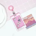 Pink cute cat shaker card holder with keychain, adorable design for ID and access cards. - Kitty (Pink Border) / 3.3 Pink Leather Keychain