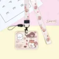Cute cartoon puppy sliding card holder with lanyard student badge holder pink cute ID case - Brown Biscuit Squirrel Pattern / Milk Tea Bear Long Lanyard