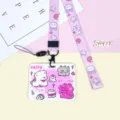 Cute pink cartoon puppy ID card holder with matching lanyard, perfect for students. - Pink Cake Crocodile Pattern / Strawberry Rabbit Long Lanyard
