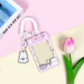 Cute cartoon transparent ID card holder with wrist strap and pendant for students. - Cake Cat (Pink Frame) / Spring Rope + White Rabbit Charm