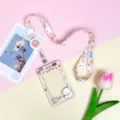 Cute cartoon transparent card holder with lanyard, adorable animal pattern student badge case. - Squirrel & White Dog (Brown Frame) / Orange Rabbit Retractable Lanyard