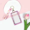 Rosa transparenter Kartenhalter mit Band und Schlüsselanhänger, süßer Ausweishalter für Schüler. - Rosa Stern Mond Hülle + Rosa Regenbogen Schlüsselanhänger