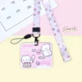 Cute horizontal cartoon cardholder with lanyard, pink student ID card cover. - Pink Cake Cat Pattern / Pink Dessert Long Lanyard
