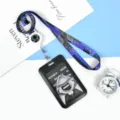 Cute astronaut badge holder set with retractable lanyard, black card case and blue space design. - Mysterious Hooded Man Style (With Retractable Long Rope)
