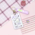 Cute cartoon dog card holder pink ID badge holder with keychain and strap cute gift - Purple Taro Puppy + Purple Flower Keychain
