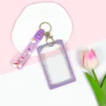 Portacarte trasparente viola con cordino e portachiavi per badge da studente carino. - Custodia Viola Stella Luna + Portachiavi Arcobaleno Viola