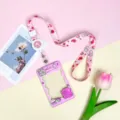 Pink cartoon card holder with cute lanyard and retractable reel for students and daily ID badges. - Egg Roll Crocodile (Pink Frame) / Plaid Strawberry Rabbit Retractable Long Cord