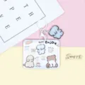 Cute horizontal cartoon puppy card holder with keychain, ideal for student ID and access cards. - Blue Striped Snack Elephant Pattern / White Elephant Keychain