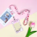 Cute pink cartoon card holder with lanyard and badge reel for students and daily office use. - Cake Cat (Pink Frame) / Plaid Strawberry Rabbit Retractable Long Cord