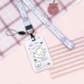 Cute cartoon dog ID card holder with matching purple lanyard for students and daily use. - Purple Taro Puppy + Purple Printed Bear Long Lanyard