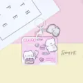 Cute cartoon sliding card holder ID badge protective cover with lovely pink animal design. - Horizontal Type - Pink Cake Cat / Turning Head Dog White Keychain