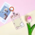 Cute transparent cartoon card holder with cute animal design, orange ring and strap for students. - Squirrel & White Dog (Brown Frame) / 3.3 Orange Leather Strap Key Ring