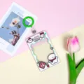 Cute cartoon transparent card holder with lanyard student badge bus pass ID sleeve - Lucky White Dog (White Frame) / 3.3 Green Leather Strip Keychain