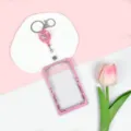 Portabadge trasparente rosa con bobina retrattile a forma di orsetto e anello per studenti. - Custodia Rosa Stella Luna + Fibbia Retrattile Orso Rosa Scintillante
