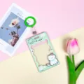 Cute cartoon transparent card holder student school bus ID badge sleeve protective case - Frog & Cat (Green Frame) / 3.3 Green Leather Strip Keychain