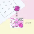 Cute cartoon sliding card holder with retractable reel, perfect for student ID cards. - Horizontal Type - Pink Cake Crocodile / Transparent White Badge Clip (Pink Crocodile)
