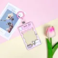 Cute transparent sliding ID card holder with cartoon animal and key ring for students and daily use - Cake Cat (Pink Frame) / Pink Leather Keychain