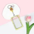 Portacarte trasparente carino con porta badge retrattile giallo e cornice floreale. - Custodia Gialla Stella Luna + Fibbia Retrattile Orso Giallo Scintillante