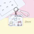 Horizontal cute puppy card holder cartoon sliding student badge IC card protector with lanyard - Blue Striped Snack Elephant Pattern / White Edged Wrist Strap