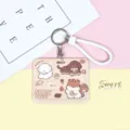 Cute puppy slide card holder ID badge protector with strap for students and daily commuting. - Brown Biscuit Squirrel Pattern / White Edged Wrist Strap