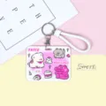 Cute cartoon card holder with keychain, horizontal sliding ID badge holder for students. - Pink Cake Crocodile Pattern / White Edged Wrist Strap