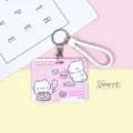 Cute cartoon pink card holder with white braided wrist strap, ID badge IC card protector. - Pink Cake Cat Pattern / White Edged Wrist Strap
