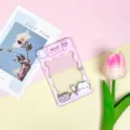 Cute purple transparent card holder with cartoon animal design, perfect for student ID and bus cards. - Cake Cat (Pink Frame) / No Accessories