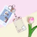 Cute transparent card holder with cartoon animal design, retractable reel and lanyard. - Squirrel & White Dog (Brown Frame) / Retractable Buckle + Squirrel Charm