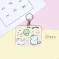 Cute cartoon sliding card holder with keychain, durable ID badge sleeve for students. - Beige Snack Frog Pattern / Round Buckle
