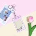 Cute cartoon transparent card holder with lanyard pink student ID badge holder set - Cake Cat (Pink Frame) Transparent Sliding Style / With White Retractable Buckle (White Rabbit Charm)