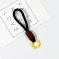 Short braided lanyard phone charm and keychain with vibrant yellow metal ring accessory. - Black Coffee
