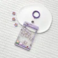 Transparent claw machine card holder with cute floating bears, purple lanyard keychain badge reel. - Purple Claw Machine Pajama Bear Shaking / Transparent Sliding Cover + 3.3 Purple Leather Strap Keychain