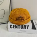 Retro yellow corduroy dock hat with mountain embroidery, stylish streetwear miki hat for daily wear - M (56-58cm) / Yellow