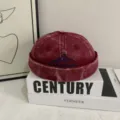 Retro washed denim dockers hat with mountain embroidery, casual streetwear skull cap detail. - M (56-58cm) / Burgundy