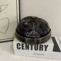 Detailed shot of retro denim watch cap with mountain embroidery, street style casual docker hat. - M (56-58cm) / Black