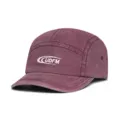 Vintage washed cotton short brim 5-panel baseball cap with stylish white embroidery front. - Adjustable / Burgundy