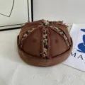 Retro patchwork washed dock cap detail, vintage brown cotton melon hat with leopard strips. - M (56-58cm) / Coffee
