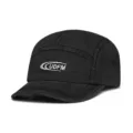 Close-up detail of the black washed cotton 5-panel short brim baseball cap with UDFM embroidery. - Adjustable / Black