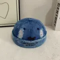 Distressed denim docker cap with cool embroidery and rip details, trendy streetwear headwear. - M (56-58cm) / Light Blue