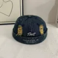Distressed denim dockman cap with embroidery, street style hipster miki hat for daily wear - M (56-58cm) / Washed Blue