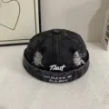Distressed denim docker cap with embroidery details, vintage street style hat for men and women. - M (56-58cm) / Black
